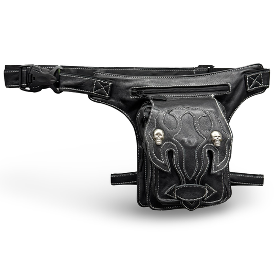 Leder Beintasche Herren Damen Motorrad Tasche Hüfttasche Braun Shadow Skull