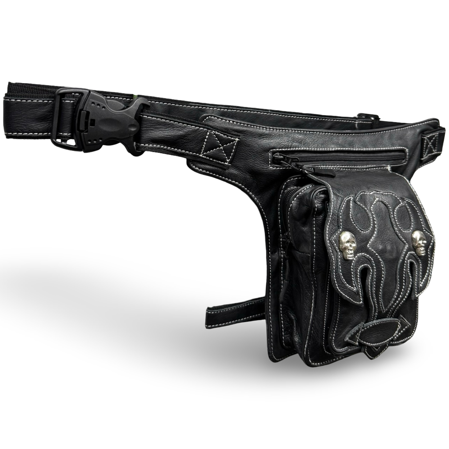 Leder Beintasche Herren Damen Motorrad Tasche Hüfttasche Braun Shadow Skull